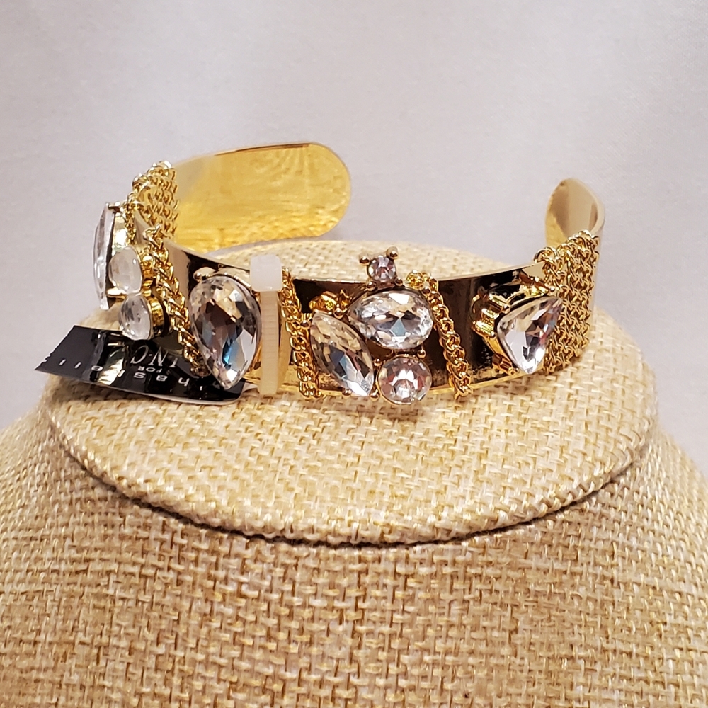 INC INTERNATIONAL CONCEPTS Goldtone Bangle Bracelet Large Rhinestones Chain Wrap